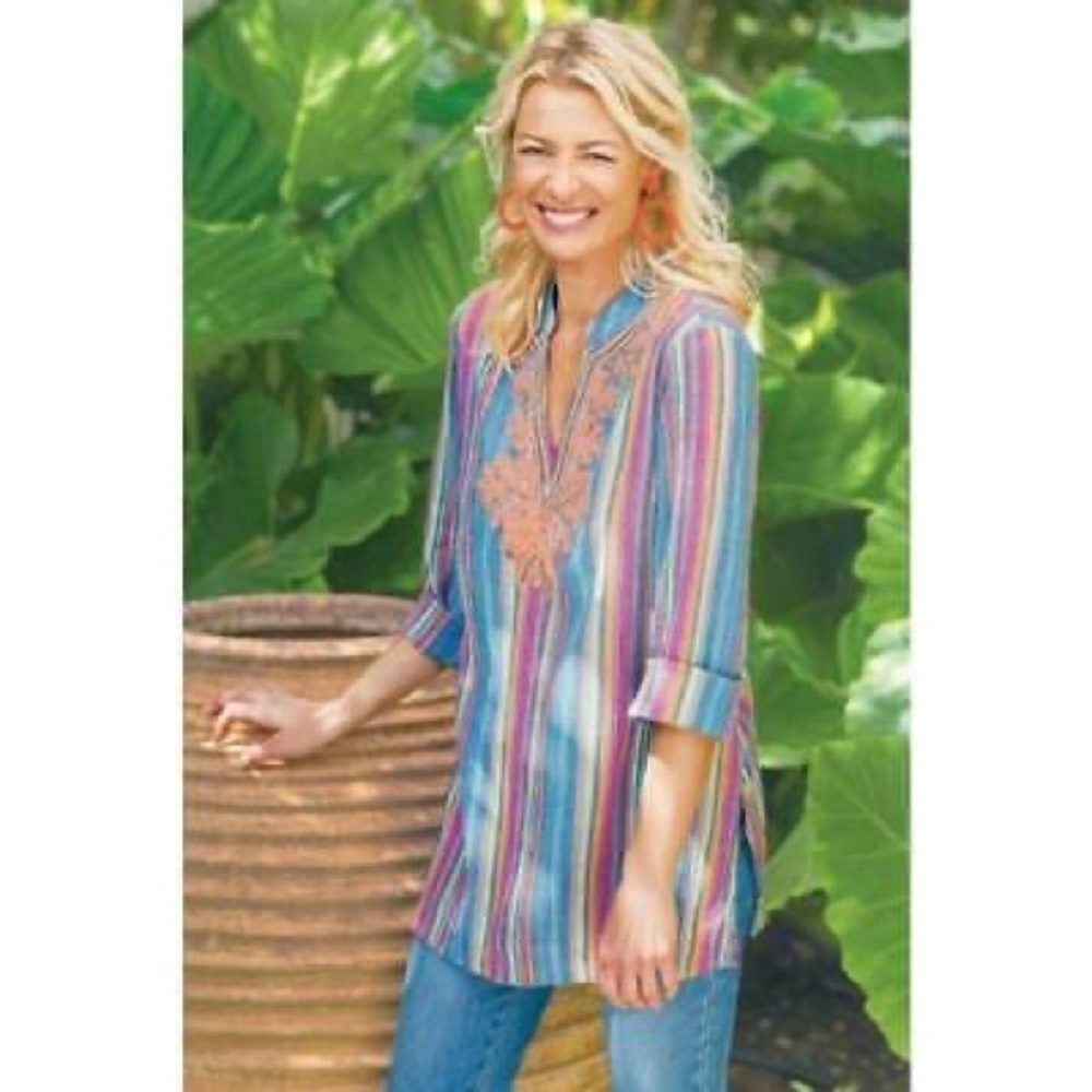 Soft Surroundings Turin Tunic Lightweight Gauze Multicolor Striped Beaded SZ S
